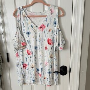 SHEIN White Cold Sholder Top with Pink & Blue Floral Print